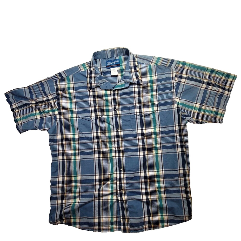 Wrangler Western Shirt XXL‎ Plaid Snap Button Short Sleeve Blue Green